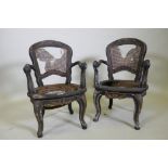 A pair of C18th/C19th child's elbow chairs with lacquered and carved parcel gilt decoration,