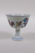 A Doucai porcelain stem bowl with chicken decoration, Chinese Chenghua 6 character mark to base, 8