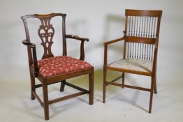 An C18th Chippendale style walnut chair with pierced splat back, raised on square supports and later