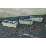 Three concrete garden planters, 76 x 28, 23cm high