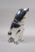 A silver plated cocktail shaker in the form of a polar bear, 27cm high