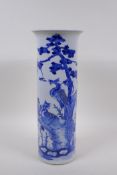 A Chinese late C19th/early C20th blue and white porcelain cylinder vase decorated with a phoenix and