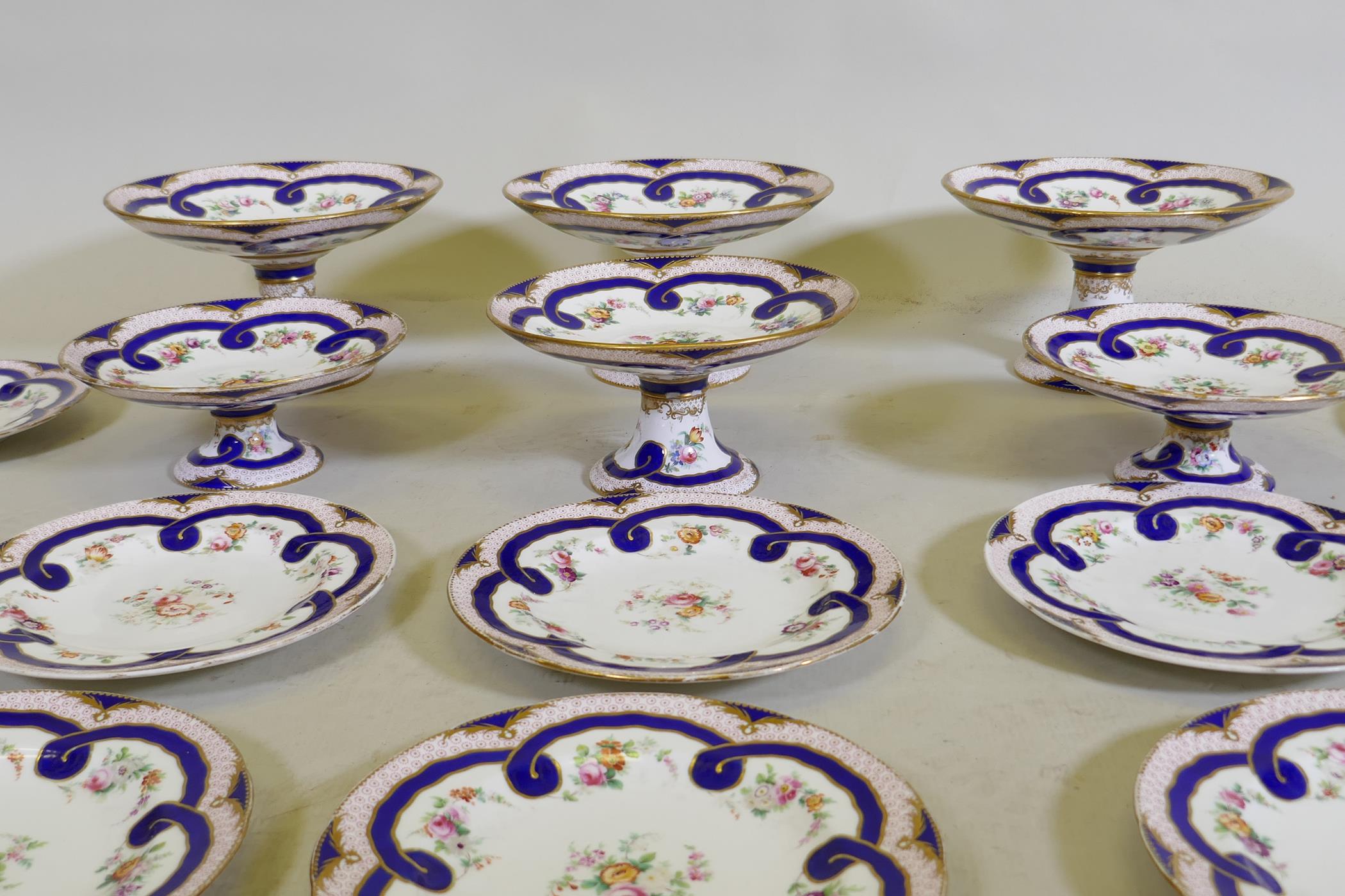 A Minton dessert service, comprising three tazza, 25cm diameter, 15cm high, one 12cm high, AF, - Image 4 of 7