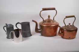 A large C19th copper 2 gallon kettle and another smaller, and a George IV pewter quart tankard and