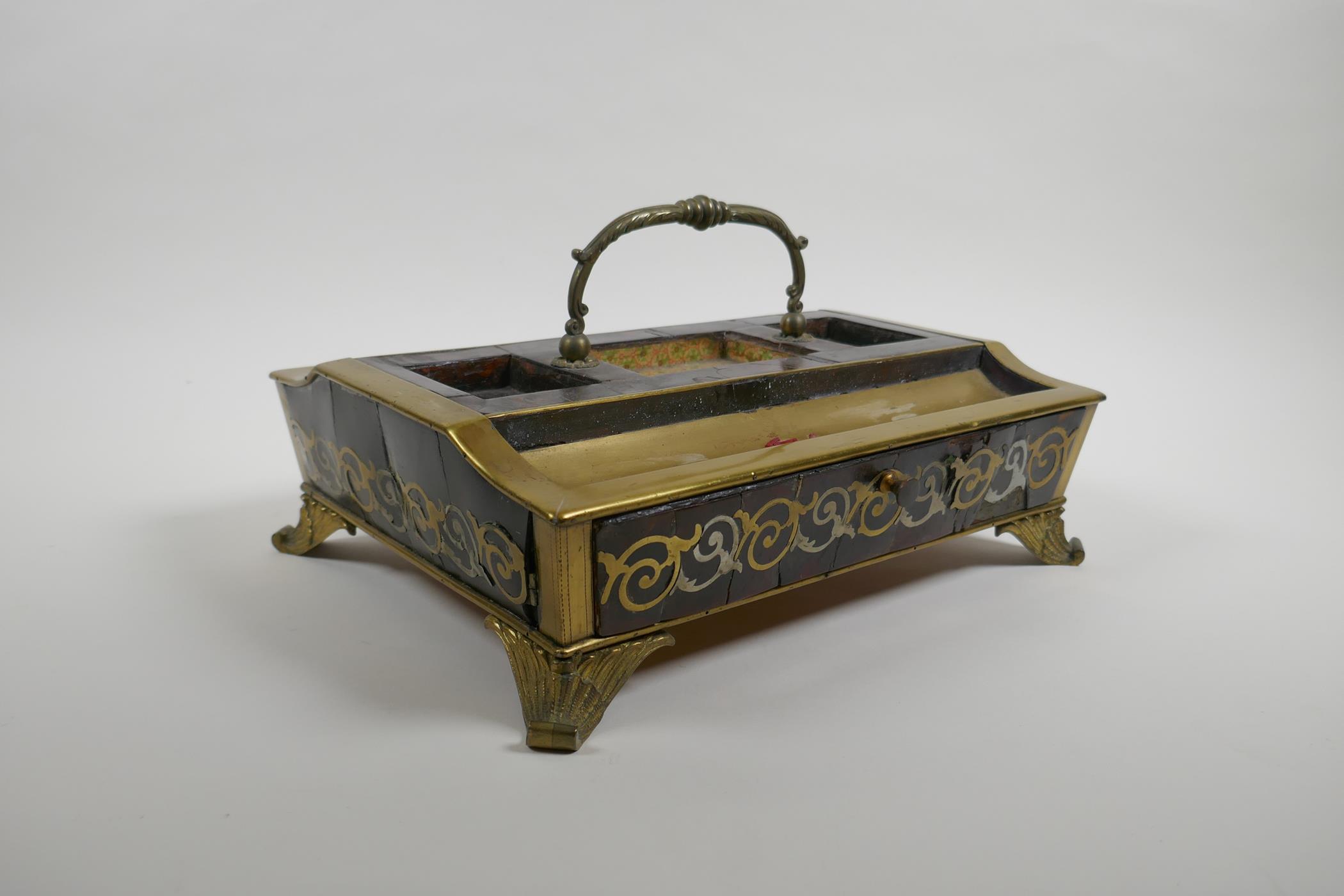 A C19th boule work desk tray with single drawer, AF, 30cm x 24cm - Image 2 of 6