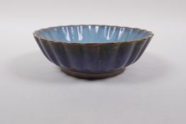A Chinese Jun ware petal shaped bowl, mark to base, 17cm diameter