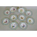 A Wedgwood part dessert service, with hand painted botanical study decoration, two tazza and eight