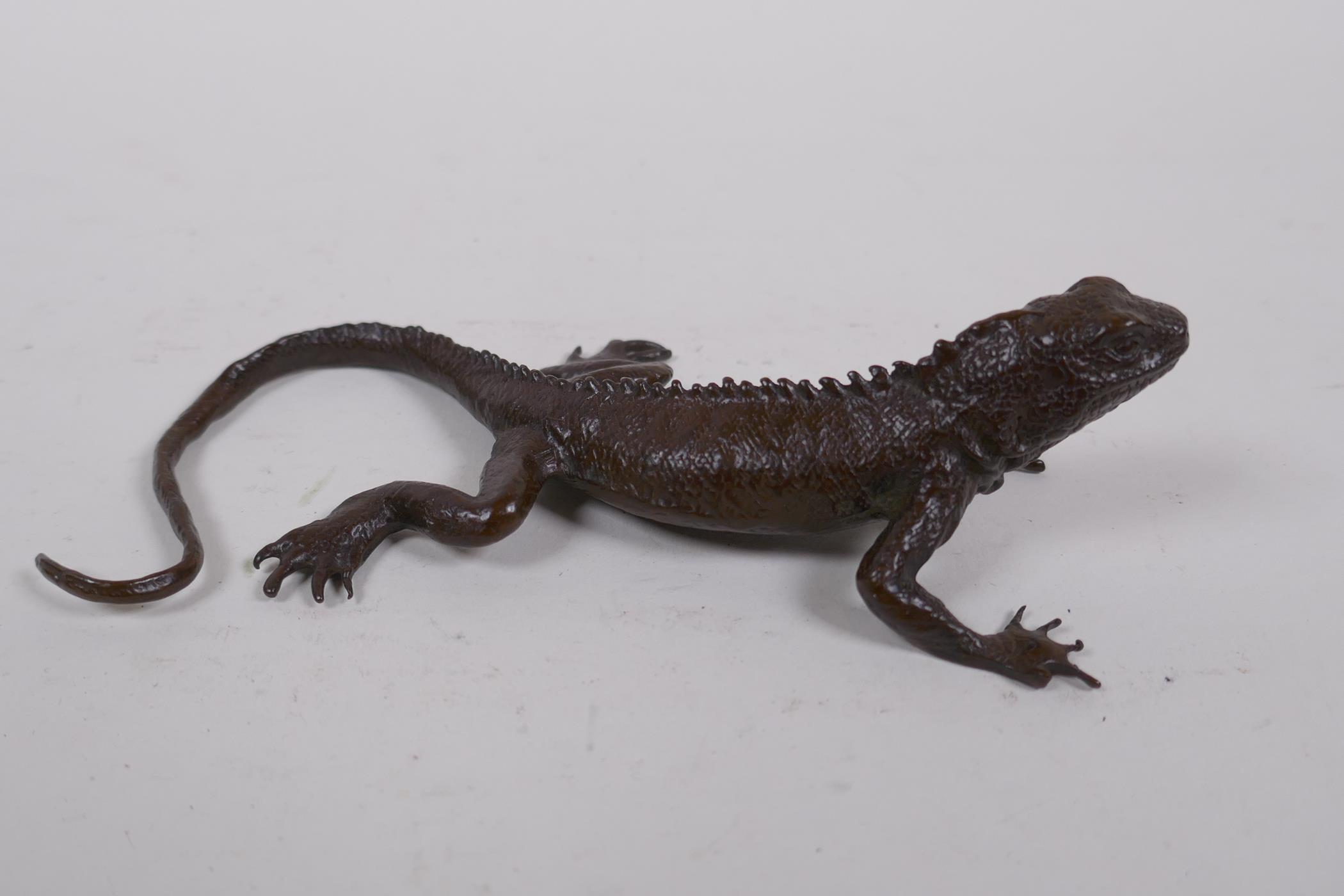 A Japanese bronze okimono lizard, mark to base, 13cm long - Image 3 of 3