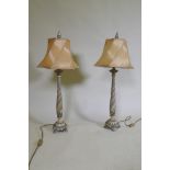 A pair of composition table lamps with crackle glazed paint and silver leaf decoration, 79cm high