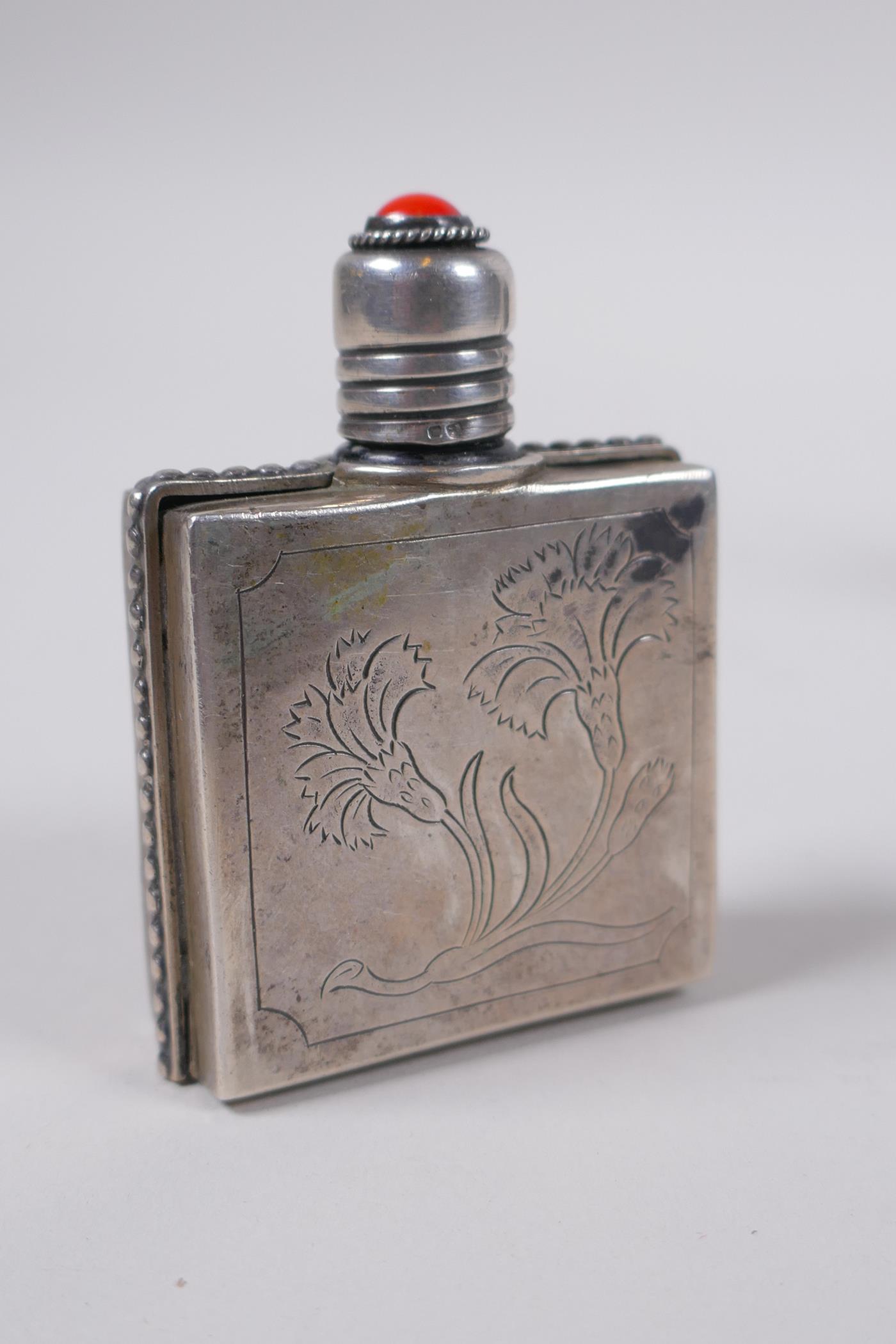 A Portuguese silver mounted glass scent bottle, and a white metal snuff bottle with filigree and - Image 5 of 6