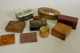 A quantity of treen and lacquer card cases, boxes, largest 19cm long