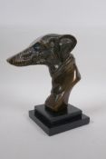 A cast bronze greyhound head bust, 22cm high