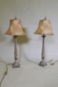 A pair of composition table lamps with crackle glazed paint and silver leaf decoration, 79cm high