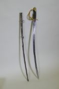 A 1950s cavalry sword and scabbard, blade 83cm long