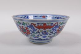 A Doucai porcelain rice bowl decorated with bats and lotus flowers, Chinese YongZheng 6 character