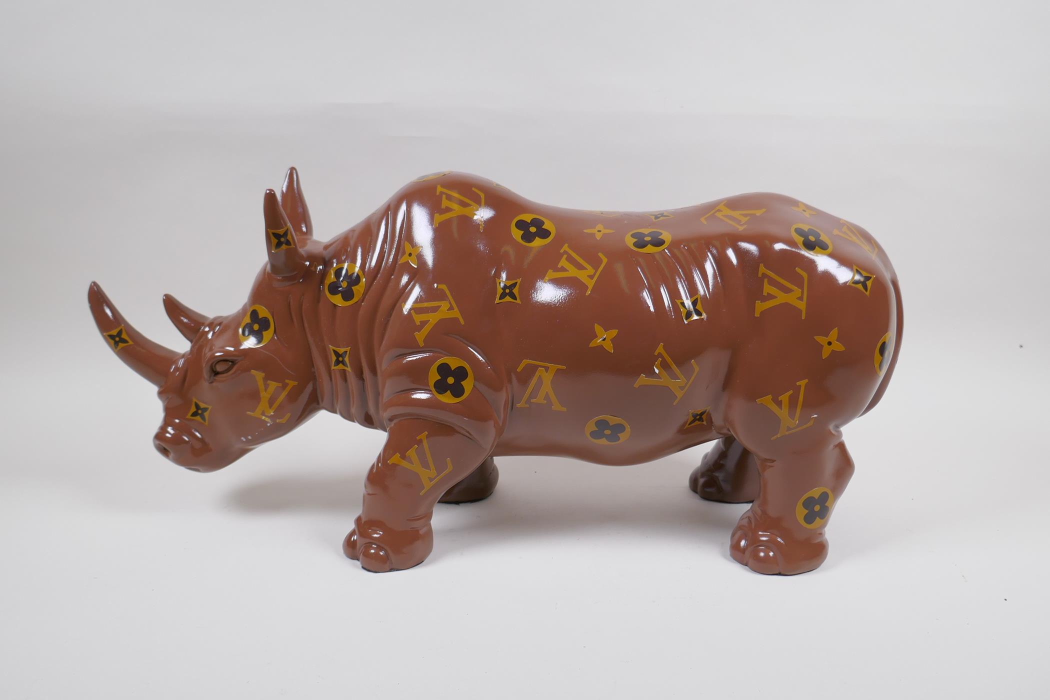 A painted composition rhino with LV style decoration, 52cm long - Image 3 of 3