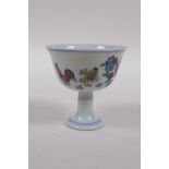 A Doucai porcelain stem bowl with chicken decoration, Chinese Chenghua 6 character mark to base, 8