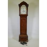 Early C19th mahogany long case clock, the painted arched dial with painted and parcel gilt