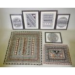 Seven Fijian tribal tapas, five framed and two loose, largest 90 x 90cm