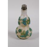 A Peking glass double gourd snuff bottle with raised butterfly decoration, 4 character mark to base,