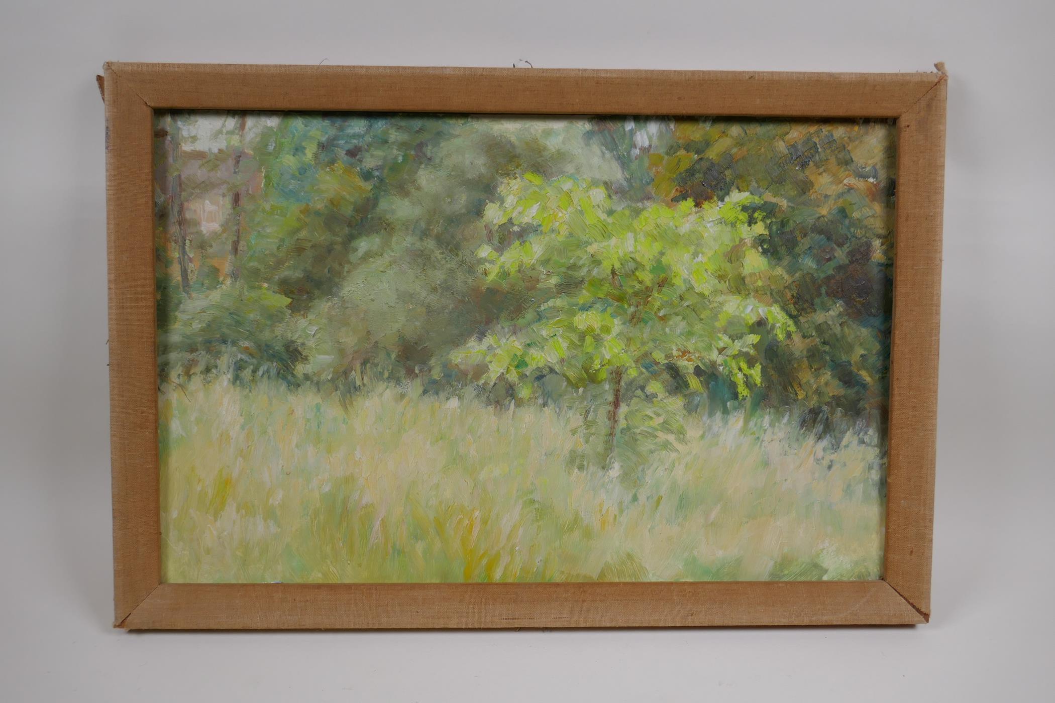 A forest glade, attributed verso to 'Simmonds', oil on board, 51 x 32cm - Image 2 of 3