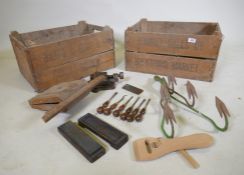 Two vintage wood crates, wood clamp, bench vice, wood turner's chisels etc