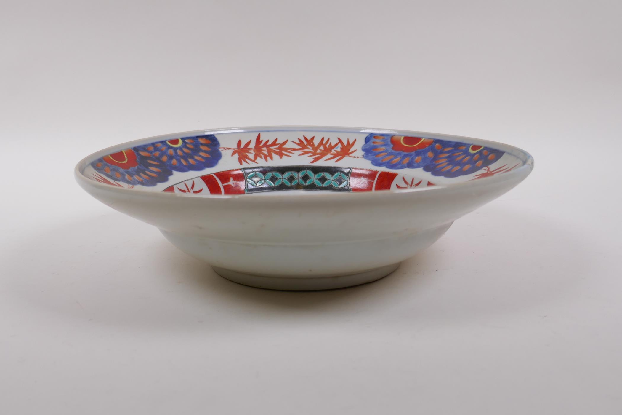 A Chinese republic porcelain dish with floral decoration in the Imari palette, 27cm diameter, AF - Image 3 of 6