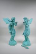 A pair of cast iron garden fairies with applied verdigris patina, AF, 50cm high