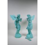 A pair of cast iron garden fairies with applied verdigris patina, AF, 50cm high