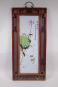 A Chinese Republic polychrome porcelain panel decorated with waterfowl and lotus flowers, in a