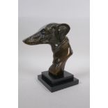 A cast bronze greyhound head bust, 22cm high