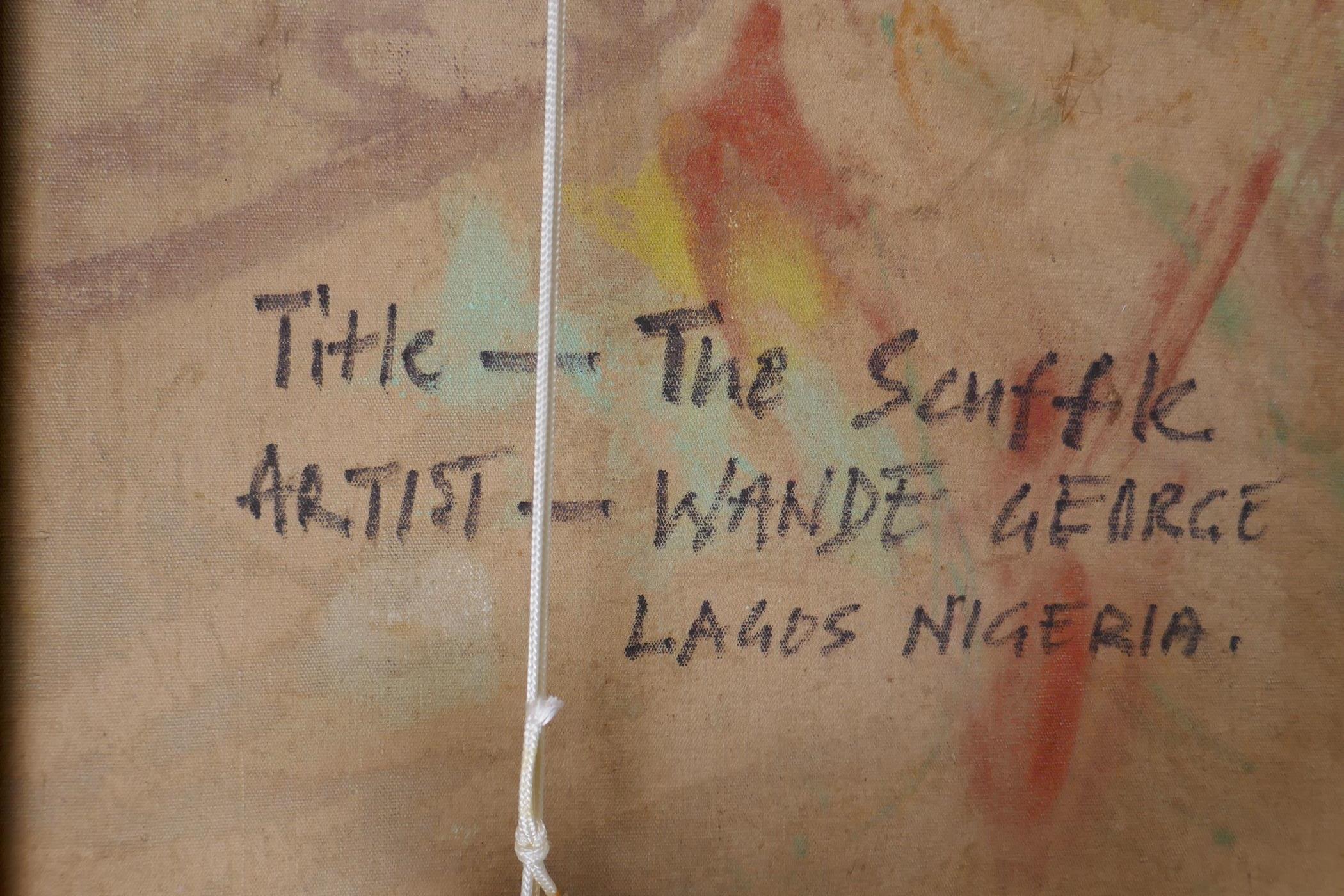 Wande George, (Nigerian, b.1962), The Scuffle, cockfight, signed and dated 98, titled verso, oil - Image 5 of 5