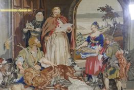 A large Victorian tapestry depicting a tithe scene with a hunter with game, in an oak frame with