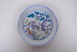 A Doucai porcelain cylinder saucer/dish with deer and bat decoration, Chinese Chenghua 6 character
