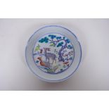 A Doucai porcelain cylinder saucer/dish with deer and bat decoration, Chinese Chenghua 6 character