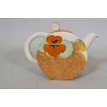 A Clarice Cliff Bizarre Bonjour tea pot and cover, Pansies pattern, stamped to base, c.1933