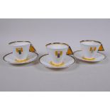Three 1930 Shelley Art Deco 'Vogue' shaped cup and saucers in the Yellow Blocks pattern, designed by