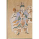 Chinese watercolour print of a warrior with horse, mounted on silk and in a gilt frame, frame 81 x