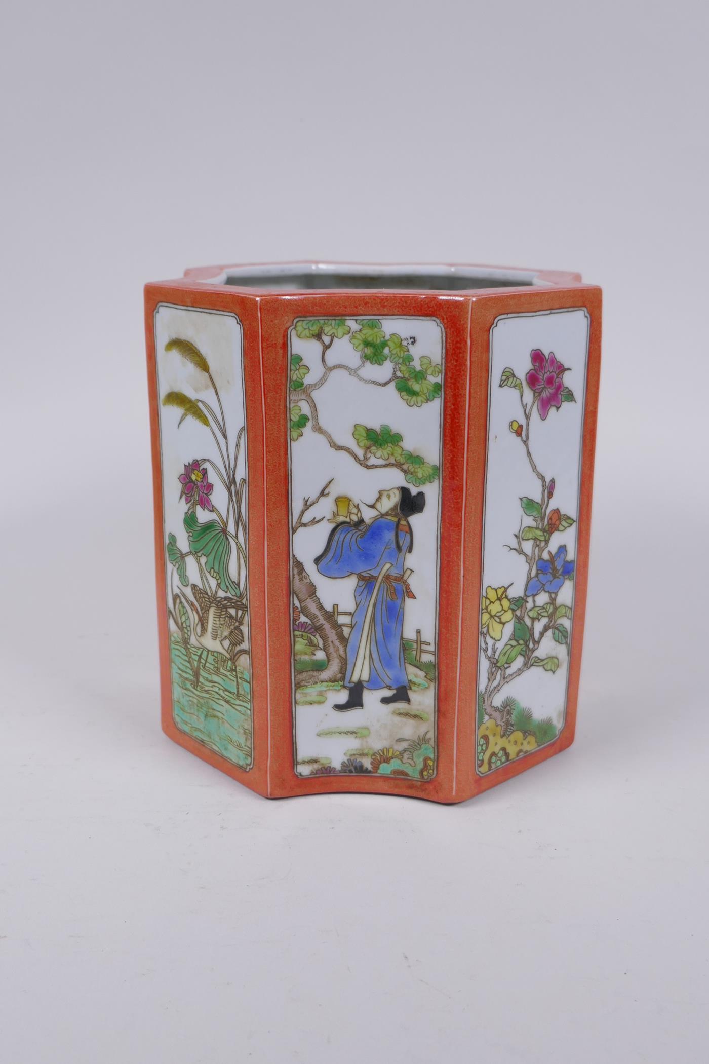 A Chinese shaped porcelain brush pot with famille vert decorative panels depicting figures and - Image 2 of 6