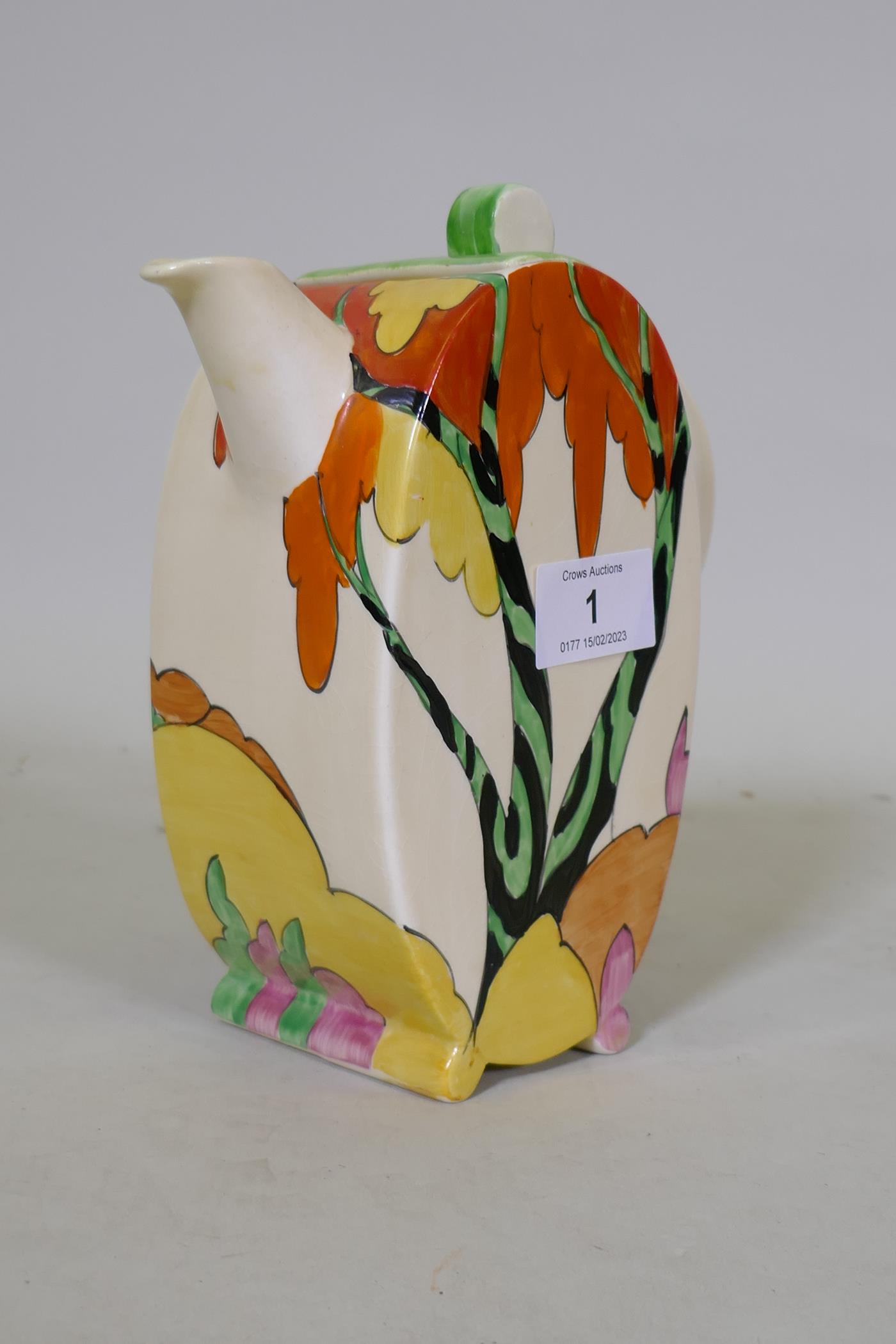 A Clarice Cliff Bizarre Fantasque Bonjour tea pot and cover, Honolulu pattern, stamped to - Image 2 of 4