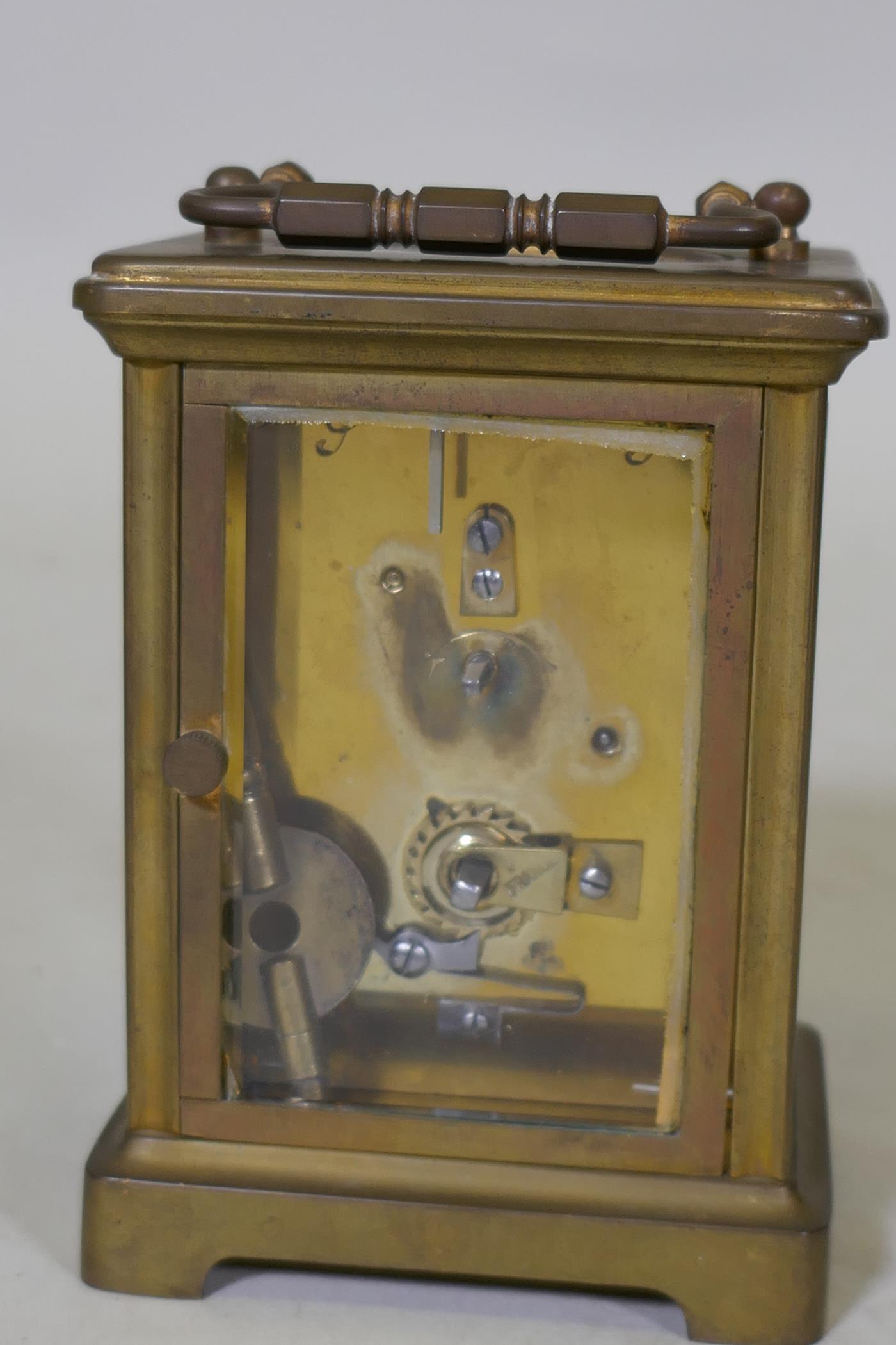 A brass cased glass carriage clock with enamel dial, 12cm high - Image 3 of 3