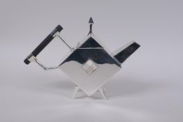 A Christopher Dresser style silver plated teapot with ebonised wood handles, 18cm high
