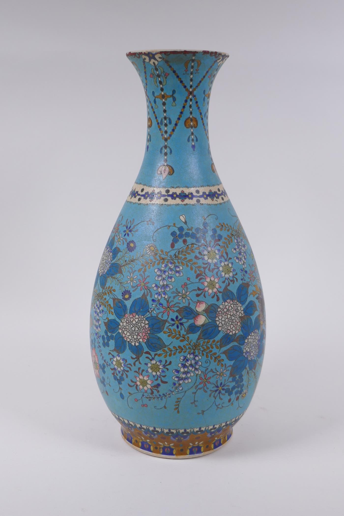 A Japanese Meiji period cloisonne on porcelain pear shaped vase with floral and butterfly - Image 2 of 8