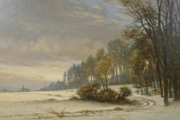 Klemens Siebeneichler, (German, 1921-2002), continental rural winter landscape, oil on board,