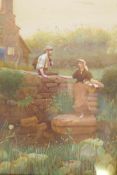 Rural scene with washer women, signed with a monogram, M.H. late C19th/early C20th, watercolour