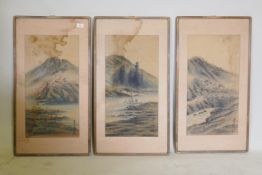 Three vintage Chinese paintings on silk, depicting mountainous landscapes, inscribed and marked with