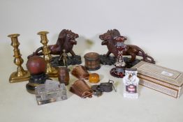 A pair of C19th brass ejector candlesticks, 19cm high, a 1920s presentation cricket ball, copper