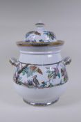 A C19th Staffordshire porcelain two handled jar and cover with hand finished transfer decoration