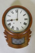 A C19th walnut drop dial wall clock, the movement striking on a bell, with restorations, 52cm x 36cm