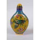 A Chinese cloisonne snuff bottle with grasshopper decoration, 9cm high